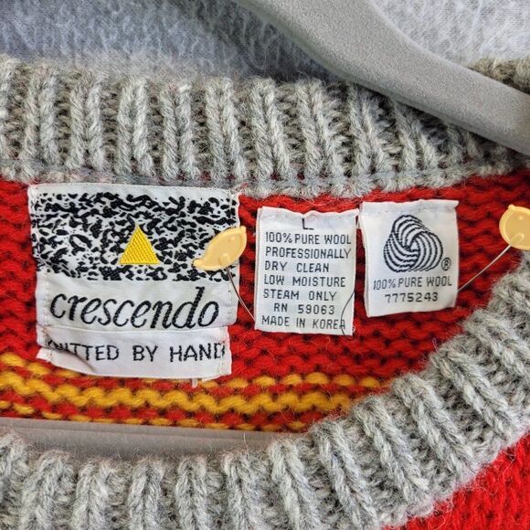 Vintage Wool Sweater Womens Large Striped Knitted By Hand Cosby Crescendo 90s - Picture 11 of 16